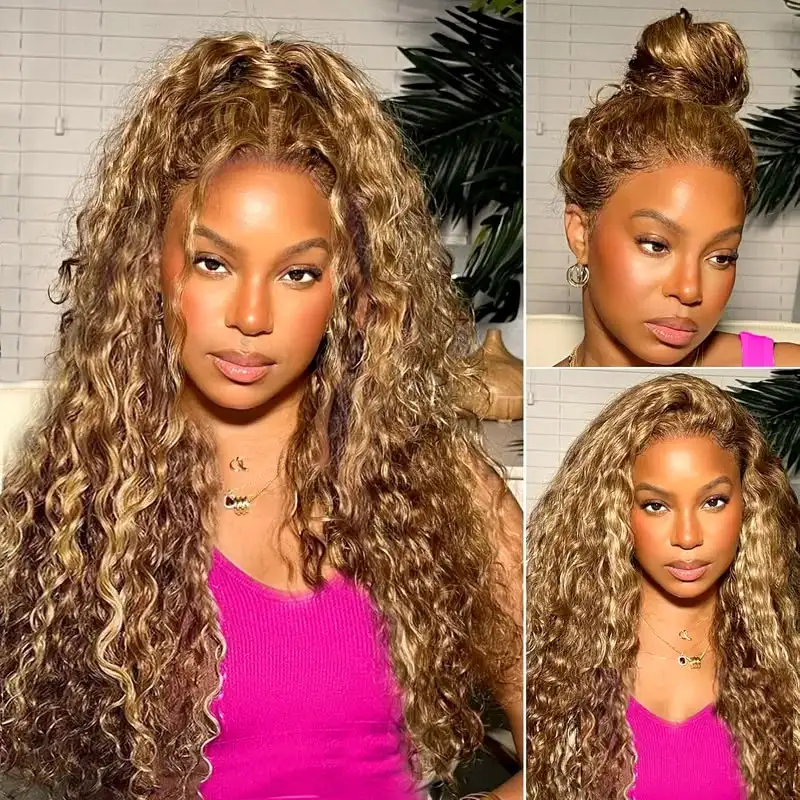 220 Density P427 Honey Blonde 360 Full Lace Wig Highlight Curly Human Hair Pre-Plucked Deep Wave 360 Lace Wig Invisible Drawstring Strap Lace Frontal Wig 34 Inch view 5