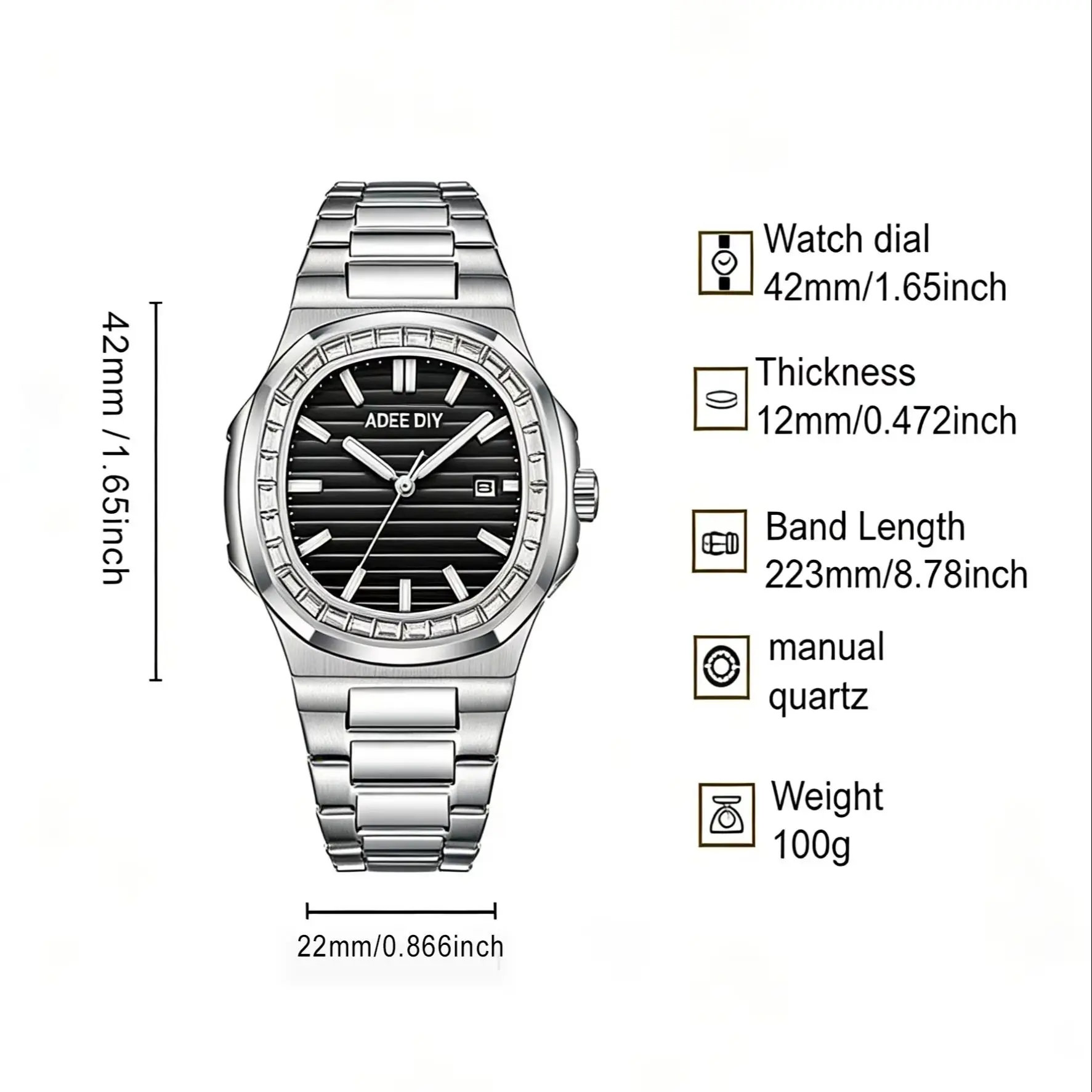 AOCASDIY Men's Quartz Watch, Rhinestone Bezel, Luminous Waterproof, Date Dial, Ideal Gift for Business and Daily Wear