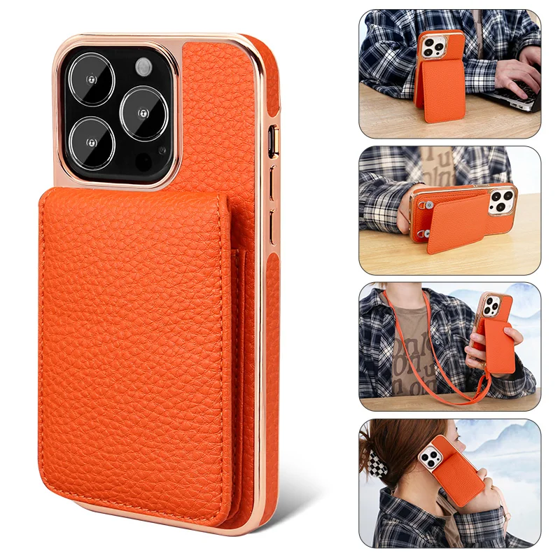 Vietao-Orange Leather Crossbody Phone Case, Flip Card Holder, Phone Case for iPhone 14, 13 Pro Max, 14Plus