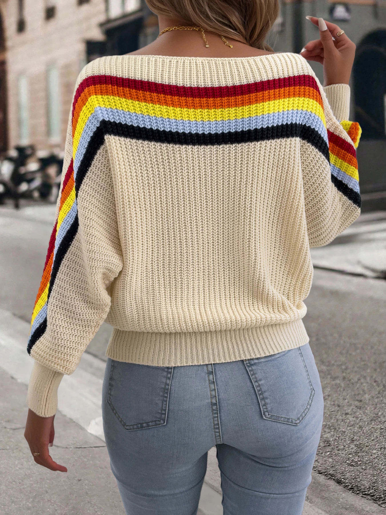 2026 Fashion Contrast Color Striped Sweaters for Women Autumn Winter Casual Round Neck Lantern Long Sleeve Knitted Pullover Tops