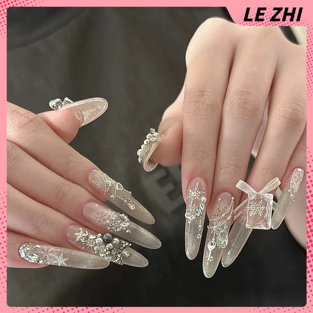 سبايس جيرل مرحبا كيتي اليدوية طويلة مربع خنجر مسمار حزب ملصق Bowknot الماس مرآة سحرية مسحوق الفرنسية الصحافة على الأظافر