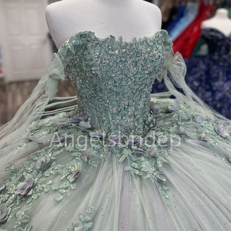 Vestido de baile verde brilhante com renda verde com apliques, vestidos Quinceanera, mexicanos, festa de aniversário, 15, 2025