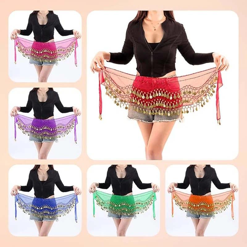 Nova dança do ventre 3 fileiras cinto tom de ouro moedas cinto feminino 140cm lantejoulas borlas chiffon hip cachecol acessórios para cintos de dança do ventre
