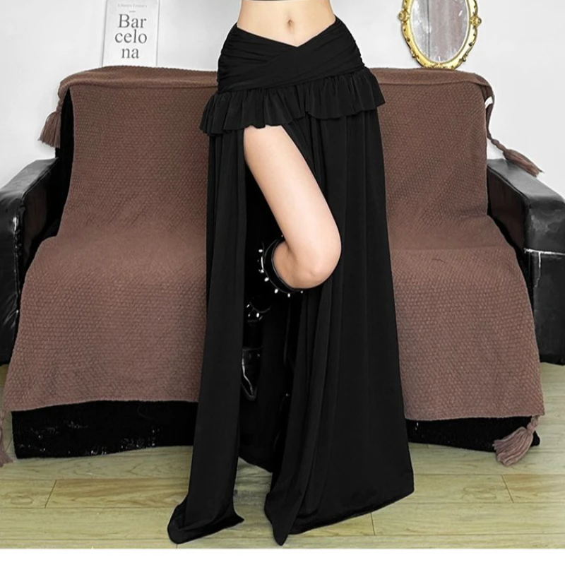 Edgy Vintage Streetwear for Spring Summer Women's Gothic Sweet High Slit Maxi Skirt -Black Cross Waist Ruffle Detail Long Skirt