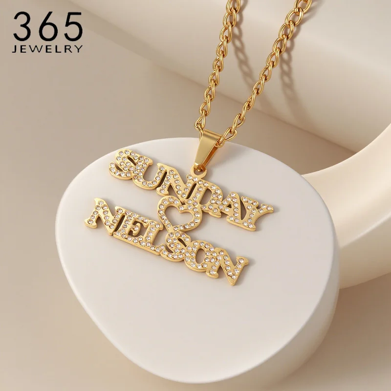 

365 Personalized Nameplate Necklaces Heart Shape Stainless Steel Custom Name Zircon Pendant Thick Chain For Women Jewelry Gifts