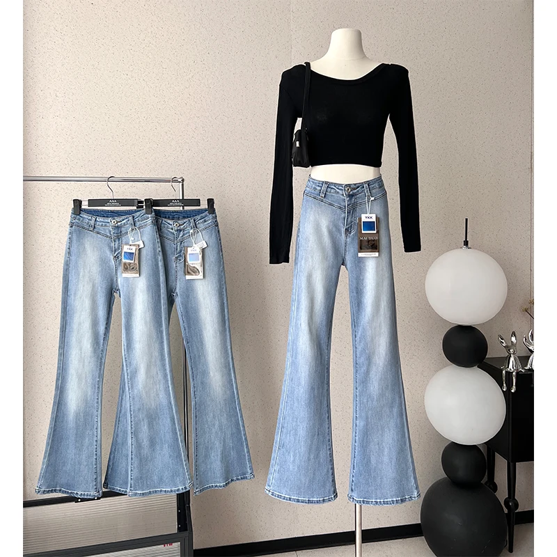 

Women's Spring Summer Streetwear Chic Mid Waist Flare Jeans Lady Skinny Full Length Boot Cut Jeans