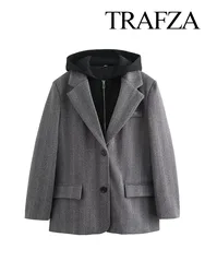 TRAFZA Women's Autumn Casual Hooded Jackets Grey Turn-Down Collar Pockets Zipper Single Breasted Women New Fashion Blazers