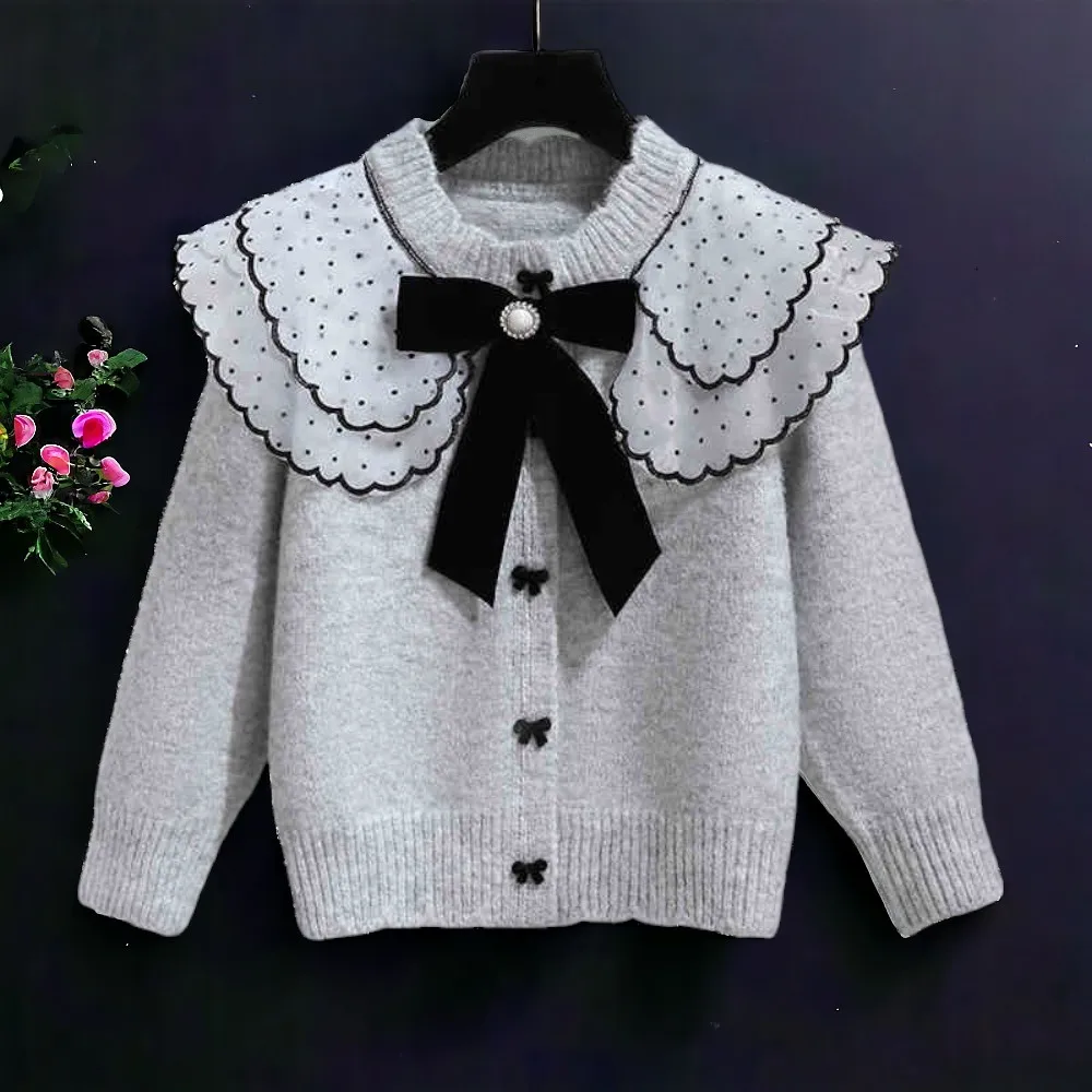 女の赤ちゃんレースカーディガン子供のためのセーターニットコート秋冬子供服ティーンエイジャーのためのトップス 5 7 9 10 11 13 年