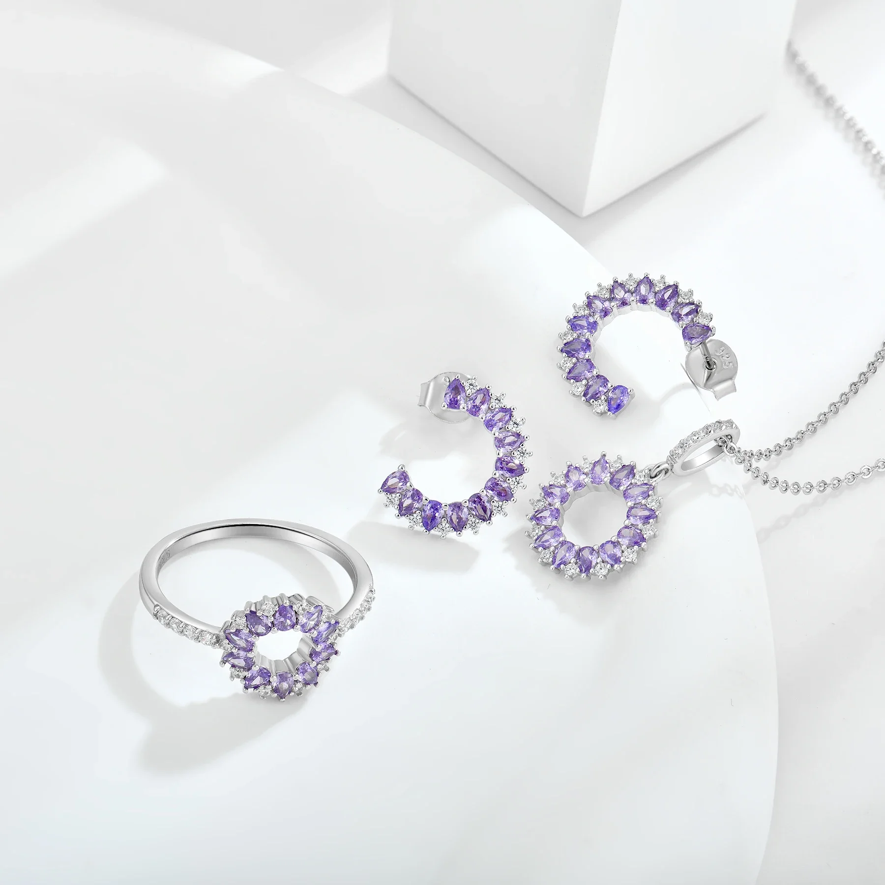 New Design Popular Ladies 925 Pure Silver Fine Jewelry Purple Flower Circle Earring Ring Necklace Jewelry Set