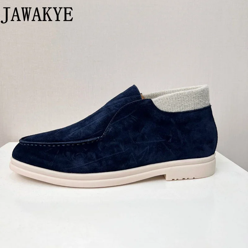 2023 New Knitted Collar Men\'s Loafers Real Suede Leather Slip-on Flat Shoes High Top Male Business Shoes New Couple Shoes