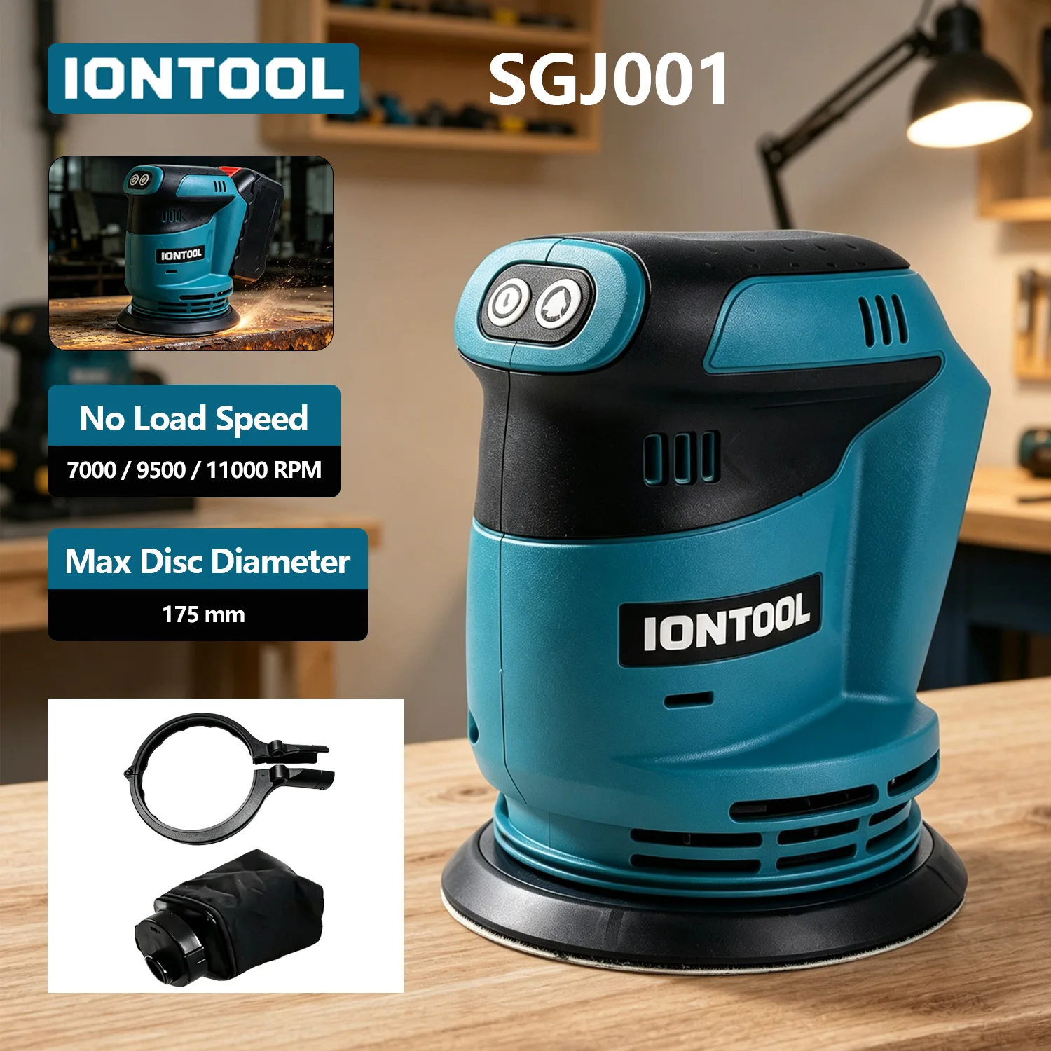 iontool-sander-175mm-11000rpm-variable-speed-lightweight-efficient-for-18v-battery-home-diy-woodworking-sanding-tool