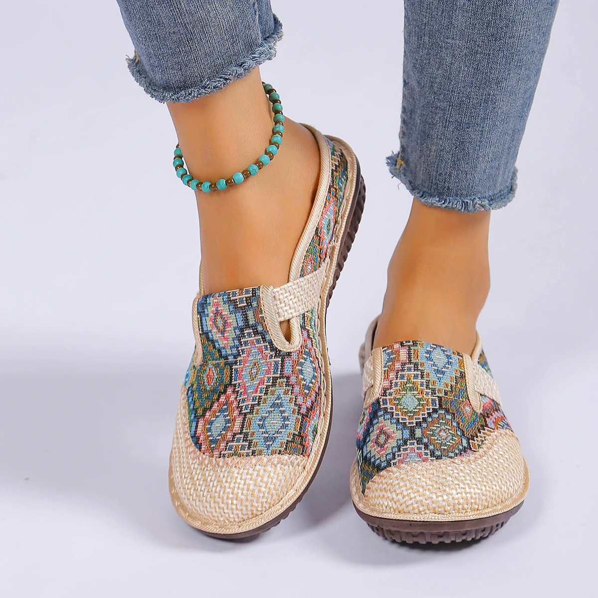 Women's Ethnic Style Linen Woven Slip-On Shoes, Breathable Casual Mules, Comfortable Flat Loafers for Daily Wear, Free Shipping