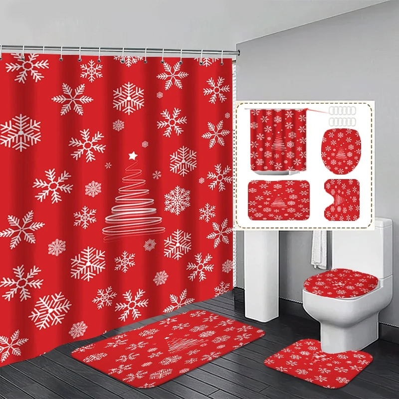 

4PCS Christmas Home Decoration Toilet Bath Floor Mats Non Slip Carpet Bathtub Side Floor Rugs Christmas Bathroom Decor Supplies