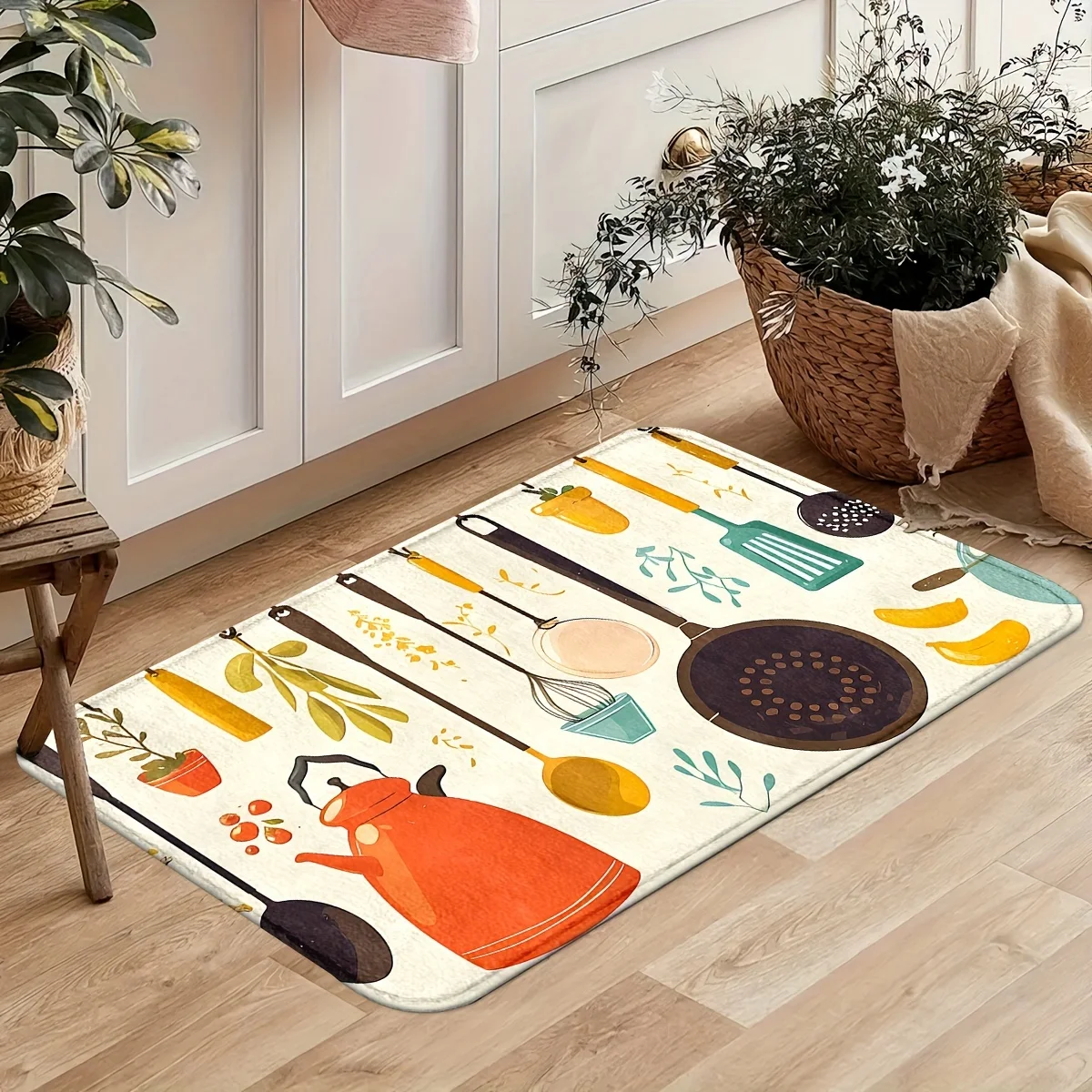 Kitchen Utensil Pattern Bath Mat Set - Fun Cooking Tools Design for Bathroom or Kitchen Area