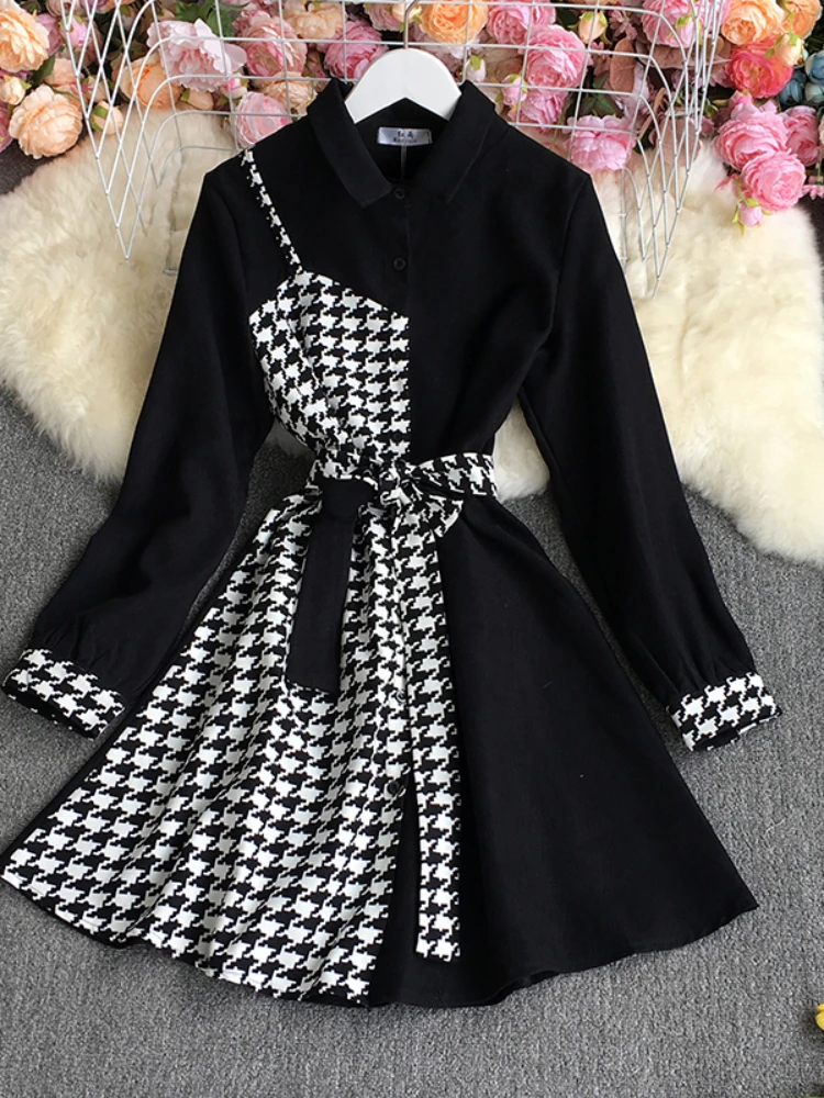 New Women Elegant Shirt Dress Spring Summer Patchwork Houndstooth Vintage Dresses Ladies A Line Bandage Dress Short Robe