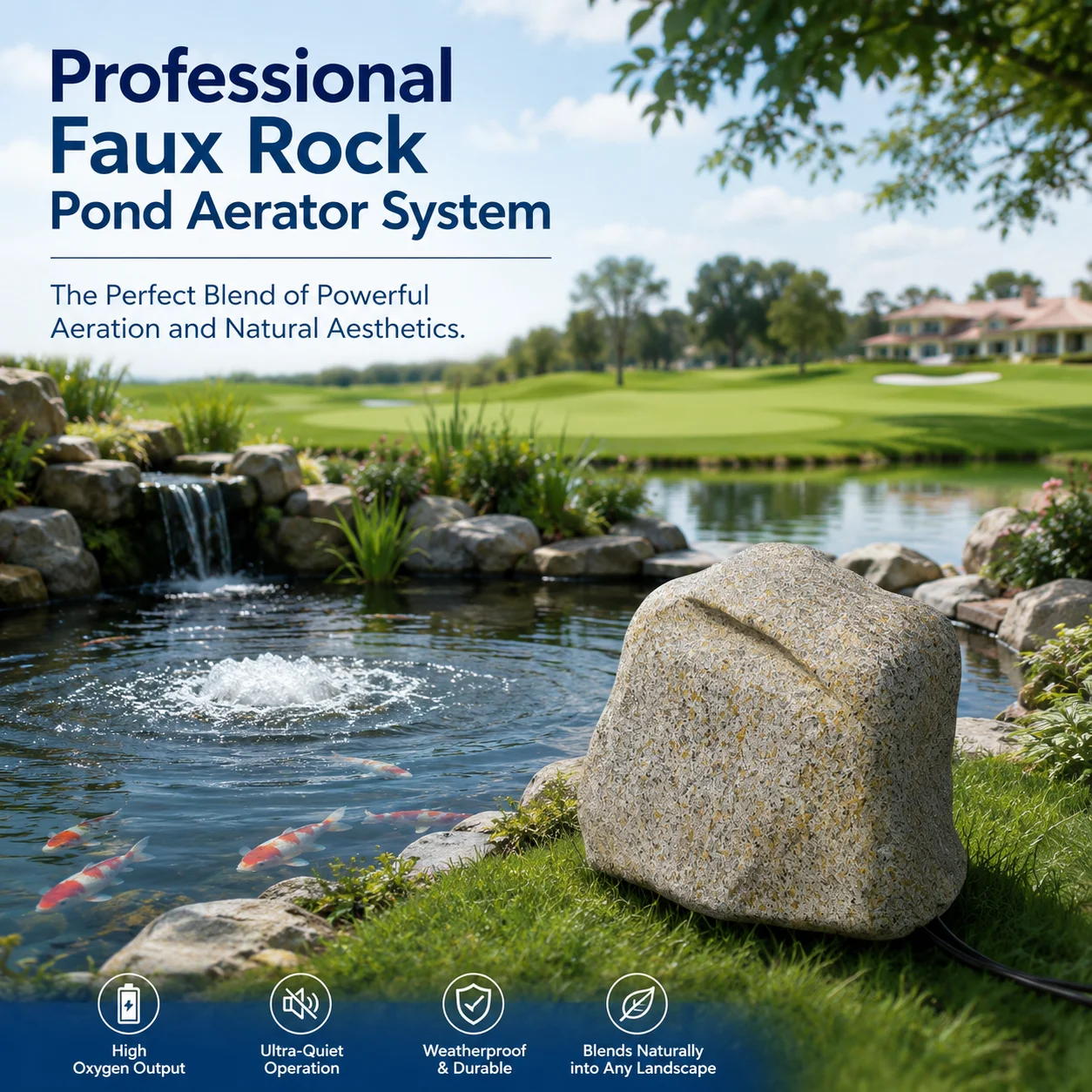 Landscape Rock-shaped Aeration System For Fish Pond With 3 Diffusers 70L/min Oil Free Piston Aeration Compressor
