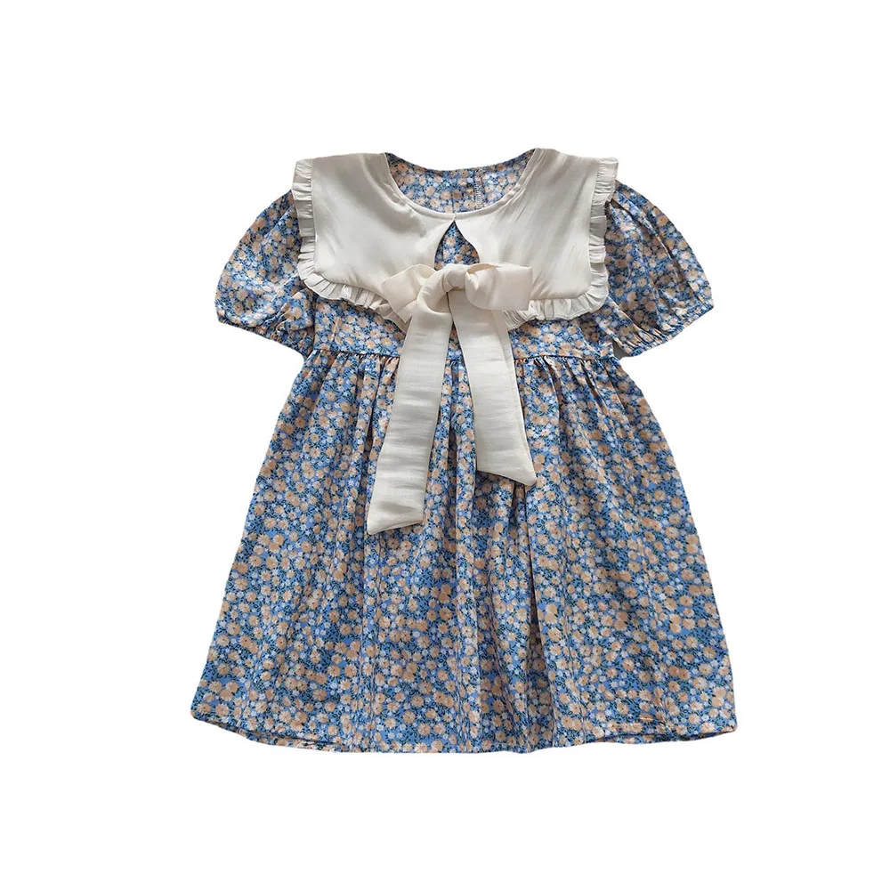 Cute Short Sleeve Baby Girls Floral Dress 2024 Summer Sweet Ruffles Peter Pan Collar Bow Princess Dresses for Party 2-8Years Old