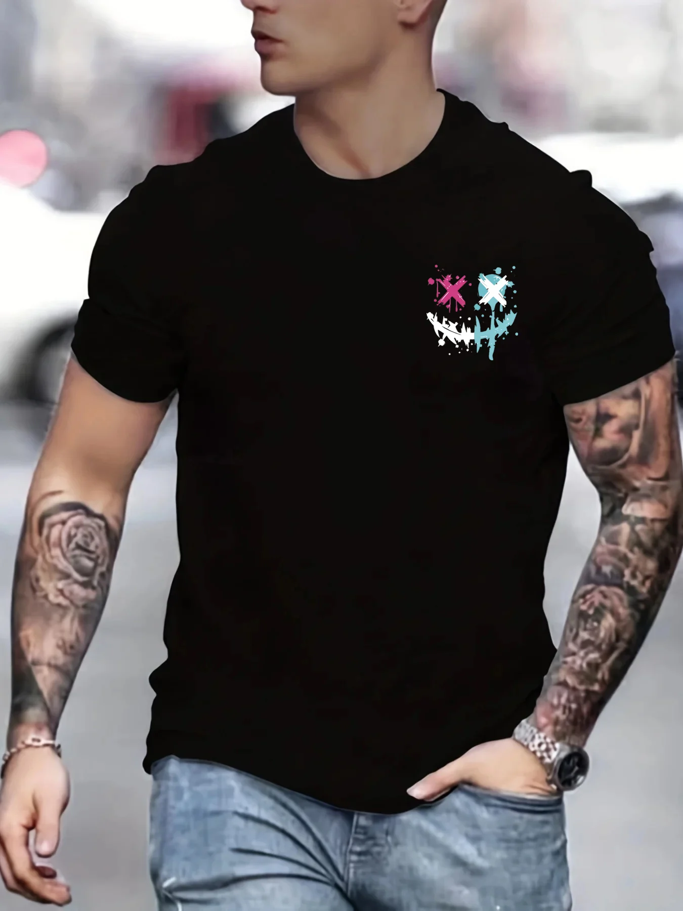 Men's Summer 100% Cotton Casual Sports T-Shirt Loose Fit Smiling Face Pattern round Neck Short Sleeve Fashion Top