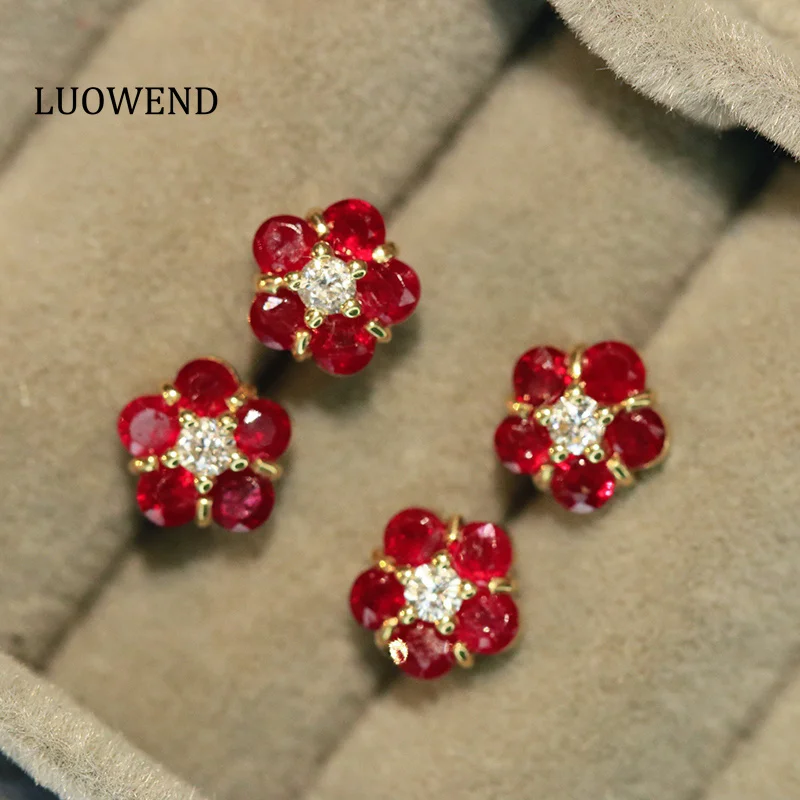 LUOWEND 100% 18K Yellow Gold Earrings Elegant Flower Shape Shiny Diamond Natural Ruby Earrings for Women High Wedding Jewelry