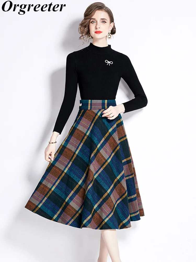 Fall Winter Women\'s Clothing Vintage Plaid Tweed  Skirt Suits Female New In Knitted Tops Matching Sets Woolen 2 Piece Sets Women