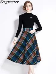 Fall Winter Women's Clothing Vintage Plaid Tweed  Skirt Suits Female New In Knitted Tops Matching Sets Woolen 2 Piece Sets Women