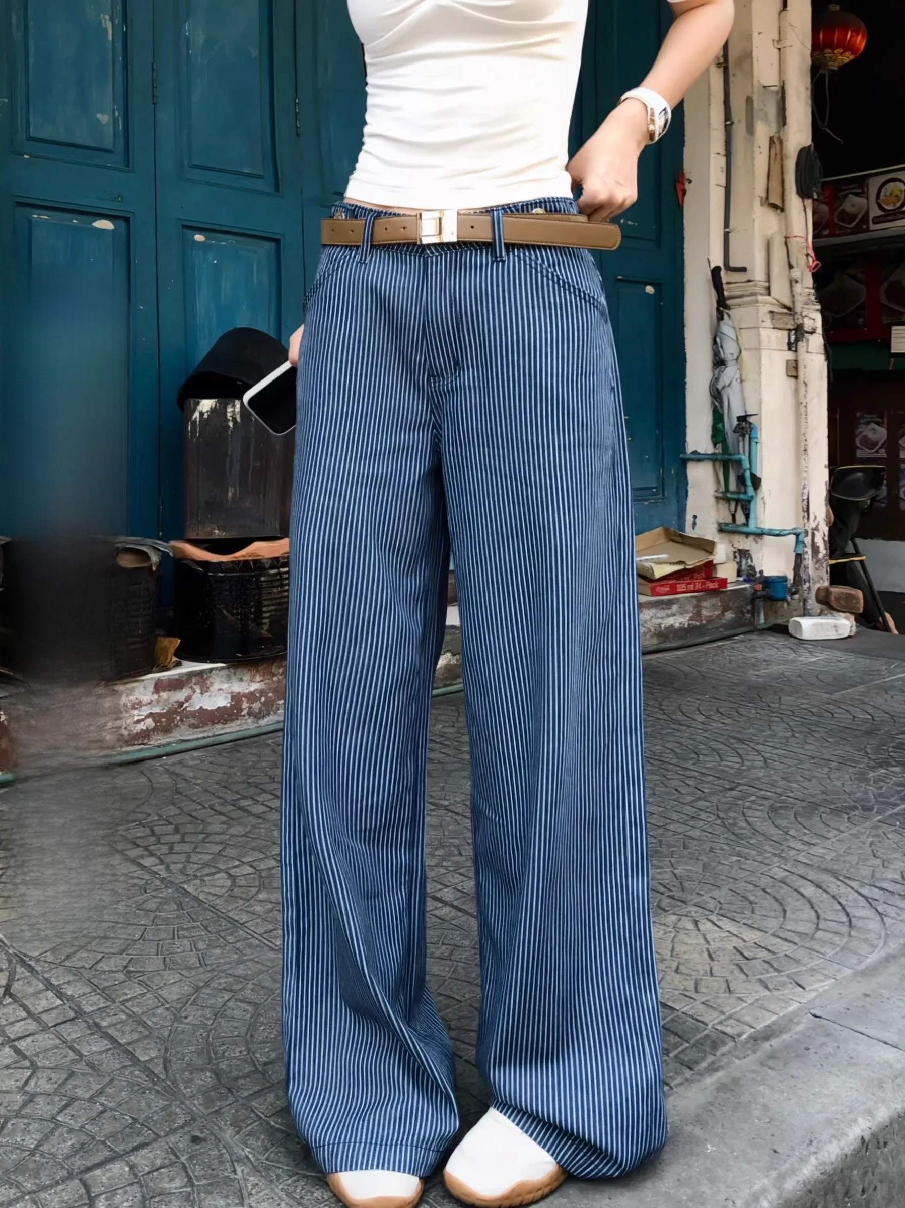 

Slimming Effect 90 Cotton Striped Leisure Pants Straight Leg Design Vertical Stripes Lazy Style Women's Summer Casual Trousers