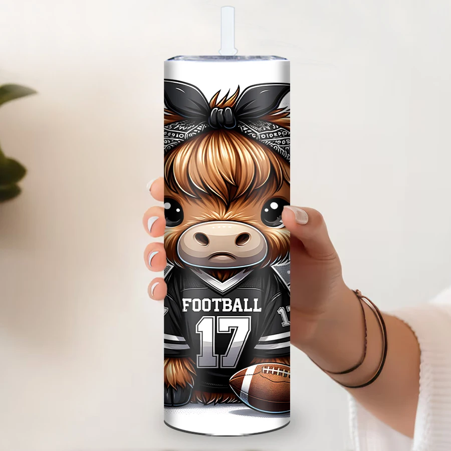 1Pc Festive Holiday Party Tumbler Straw Lid 3D Print Highland Cow Sport Water Bottle Stainless  Straight Party Gift Coffee Cups