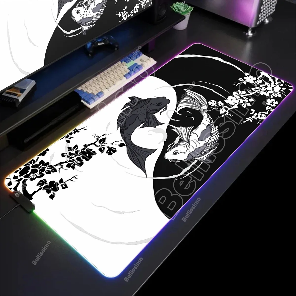 

RGB Mousepad Koi Fish Deskmat LED Backlight Gaming Japanese yin-yang fish Keyboard Computer Accessories Anime Extended Mouse Pad