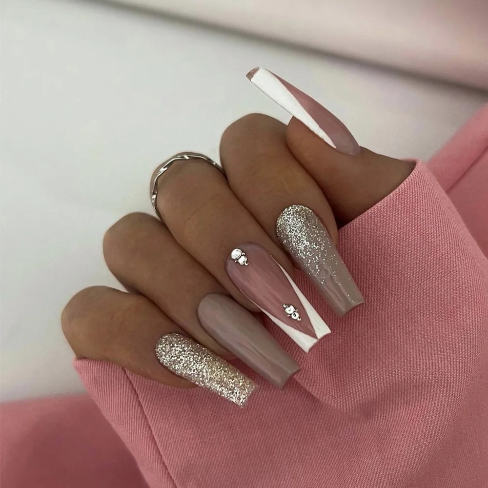 24pcs White French False Nails Glitter Lines Design Long Fake Nail Sets Rhinestones Simple Square Datachable Press on Nails Tips