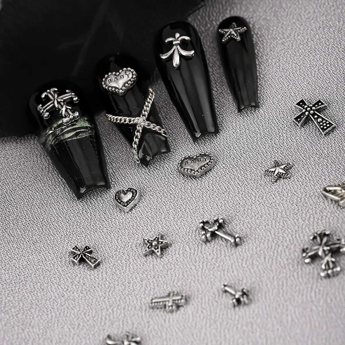 120 pcs / 1 box European American dark vintage style cross nail art patch y2k Premium Metal Style Heart Nail Metal Decorment Set