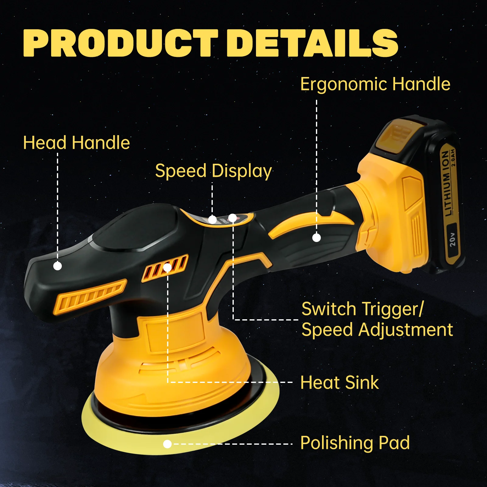 Imagem -02 - Cordless Car Polisher para Dewalt Polishing Buffer Carro Detalhando Depilação Bateria de 20v Velocidade Variável 5000rpm