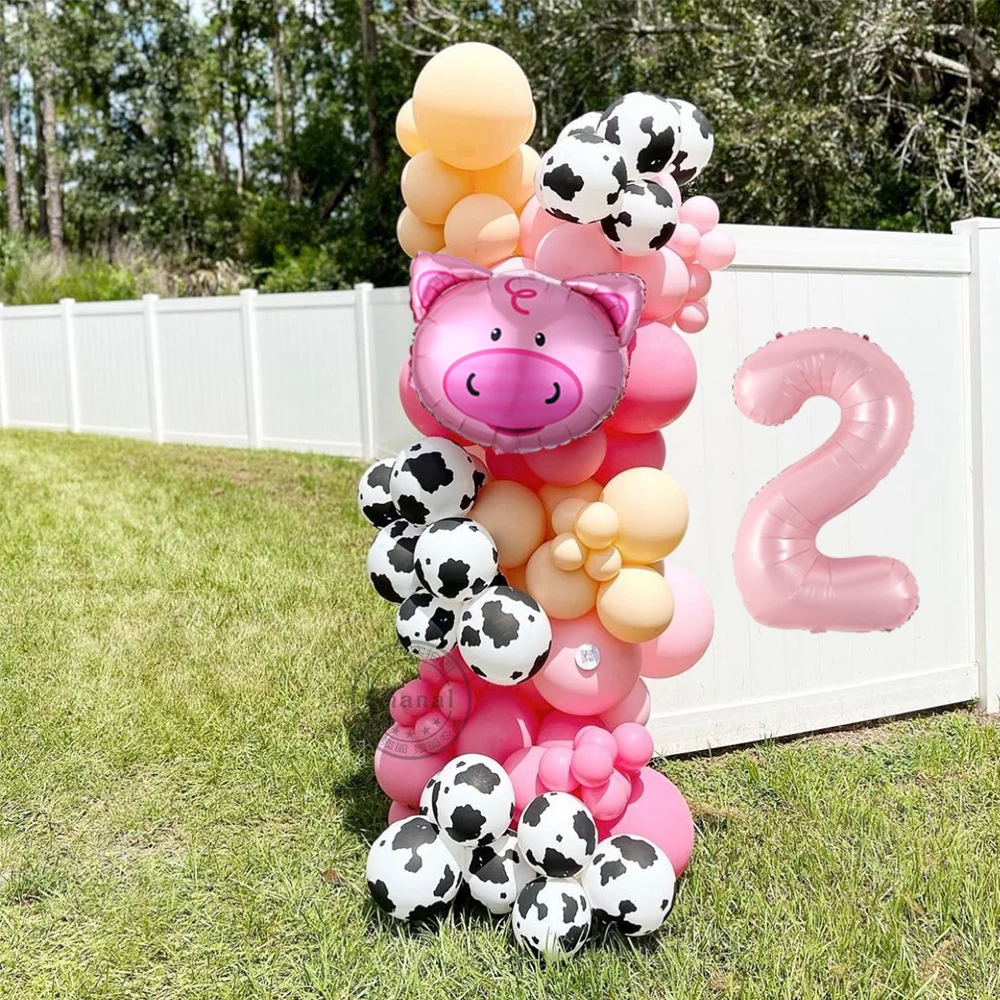 146pcs Farm Cow Balloon Garland Arch Kit with 40inch Pink Number Foil Balloon Cow Pig Animal Theme Birthday Party Baby Shower De