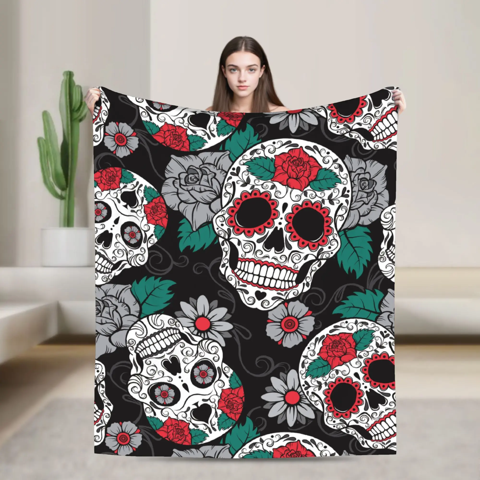 Sugar Skull Day of the Dead Flannel Throw Blankets Gothic Mexican Skeleton Halloween Blanket for Sofa Bedroom Thin Bedspread
