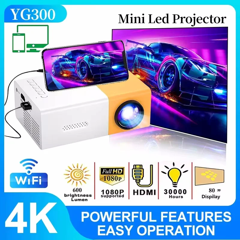 YG300 MINI Projector Portable Home Theater Smart TV Laser Beamer 3D Cinema LED Videoprojector for 4k 1080P Movie Via HD Port