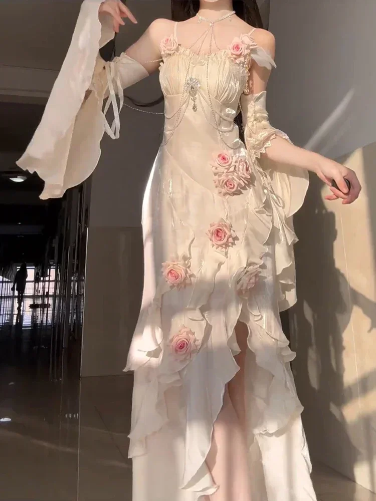 Damenkleid mit hoher Taille, schmal geschnitten, elegant, mit 3D-Rosen, unregelmäßigem Schnitt, langem Rock, Gothic-Ärmel, Sommer, süß, Lolita, Fischschwanz, Feenkleid – Detail 3