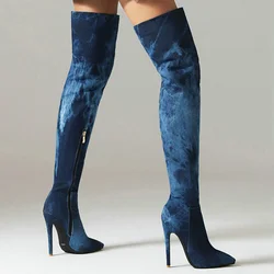 2023 Winter Women Over the Knee Boots Pointed Toe Thin High Heel Ladies Long Boots Denim Side Zipper Fashion Women's Boots