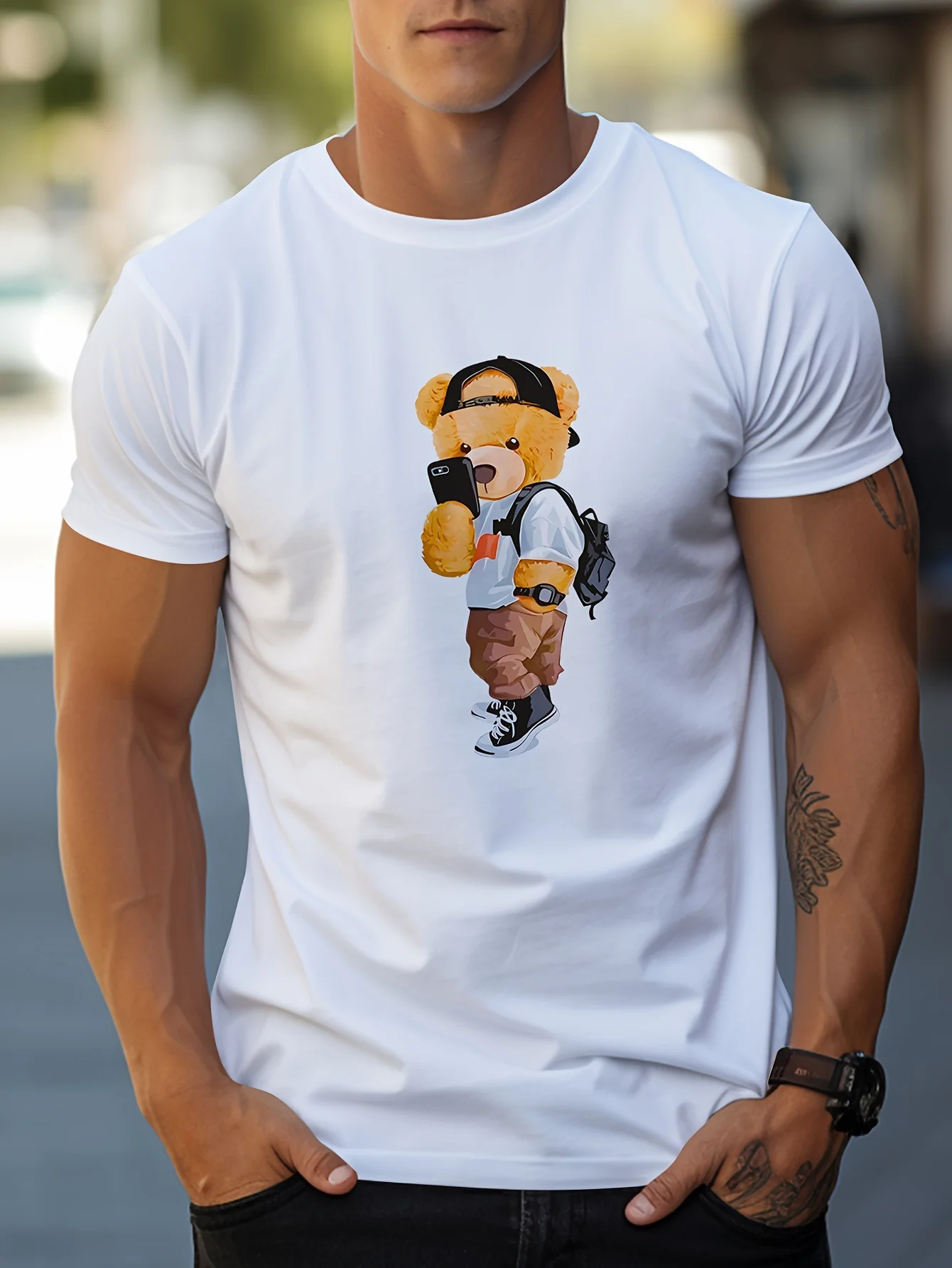 Trendy Bear Print Men's Slim Fit T-shirt