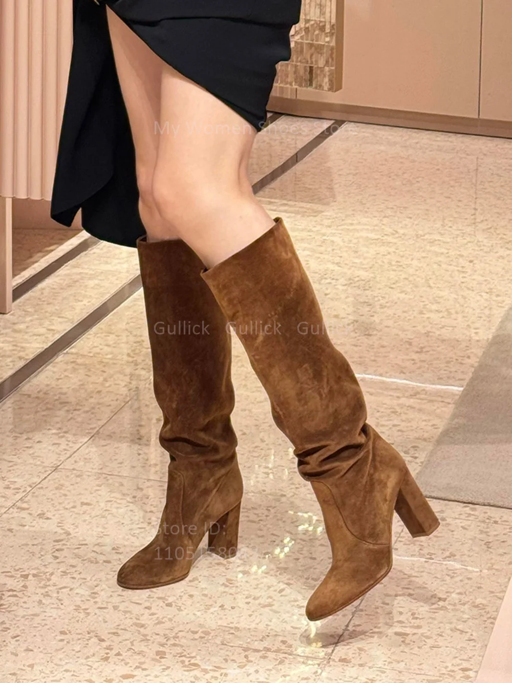 Tan Suede Knee High Boots Block High Heel Slip On Round Toe Runway 2026 Winter Autumn New Arrivals Women Dress Shoes Handmade view 6