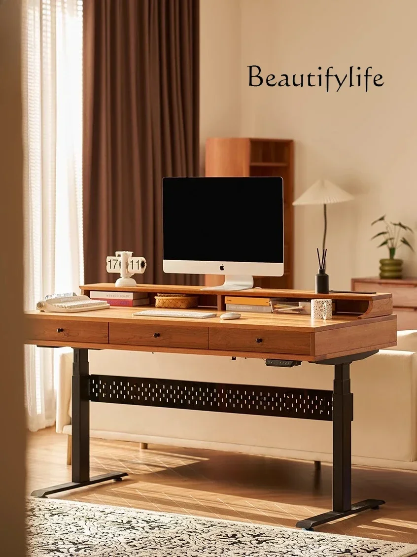 A Modern Simple Starting Point Lifting Desk, Cherry Wood Double Motor Electric Lifting Table Double Desk
