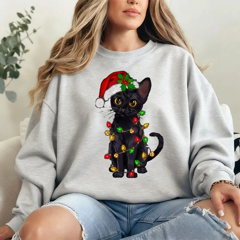 عيد الميلاد سترة القطة السوداء، قميص أضواء عيد الميلاد القط الأسود، قميص عيد الميلاد هريرة عطلة القط عاشق المحملة الهدايا الحرارية هوديي #2