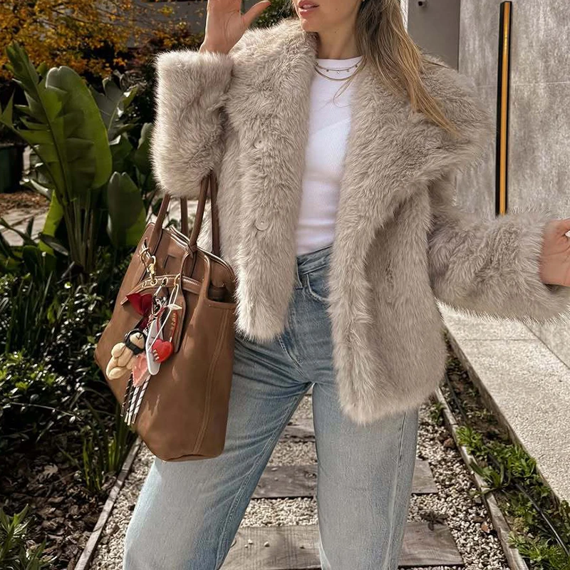 Giacca da pendolare da donna calda con risvolto elegante Capispalla quotidiano in puro colore casual Autunno Inverno Manica lunga Spessore Elegante cappotto peloso