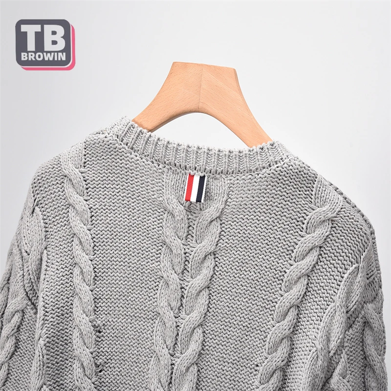 TB BROWIN-Pull quatre barres pour homme, col rond, Jacquard, chaud, luxe, personnalité, collision, automne, hiver, marque Flagship-store