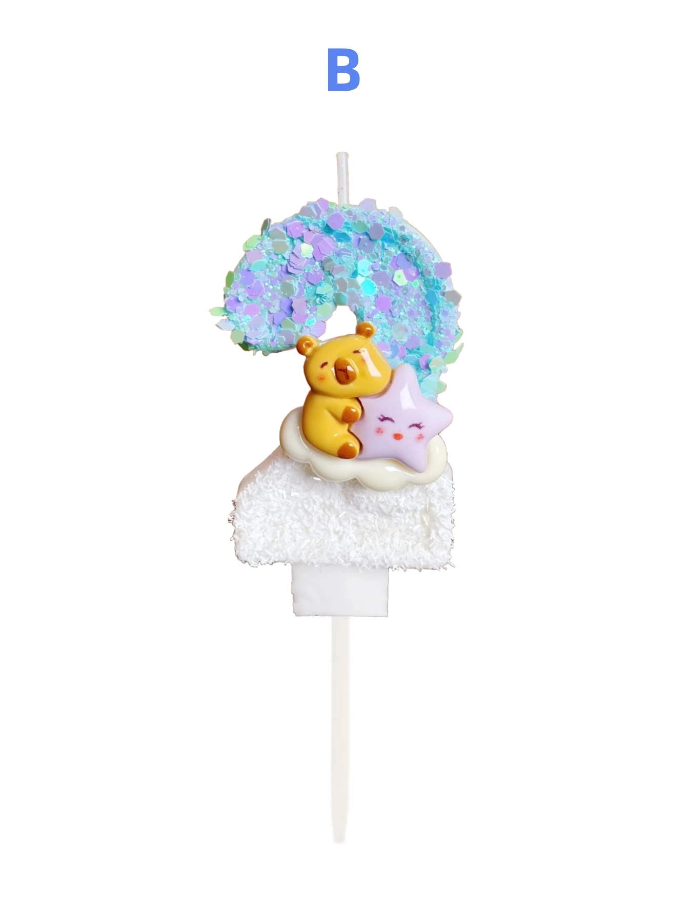 Macaron blue-purple Pebala is holding a purple star-decorated number candle, a holiday and commemoration day candle