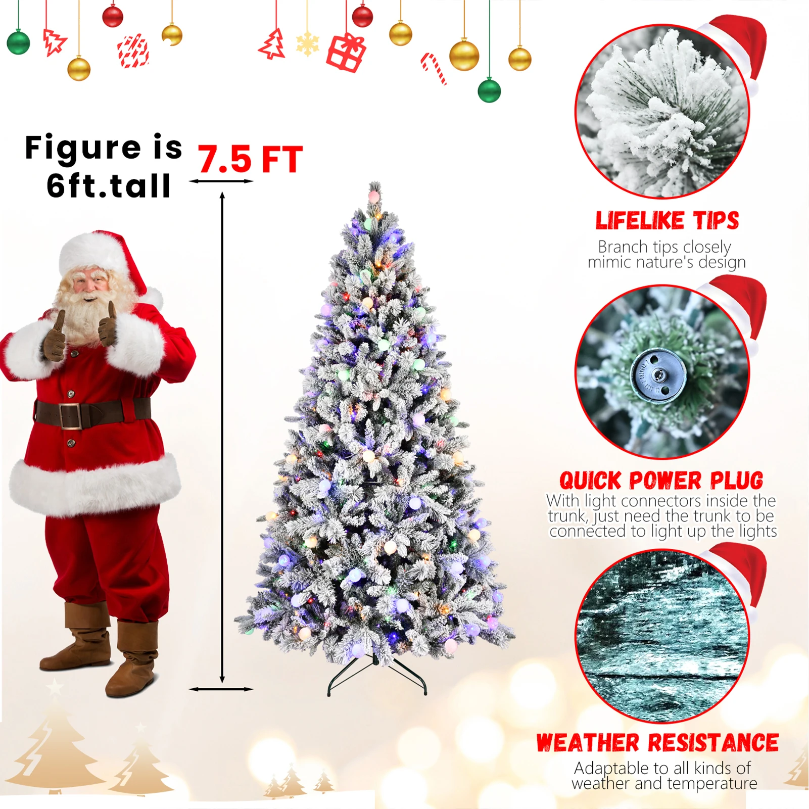 PE/PVC Artificial Christmas Tree 7.5 / 8 FT with Pine Needles and Balls Decor 400LEDs Double Color String Light 1523 Branch Tips