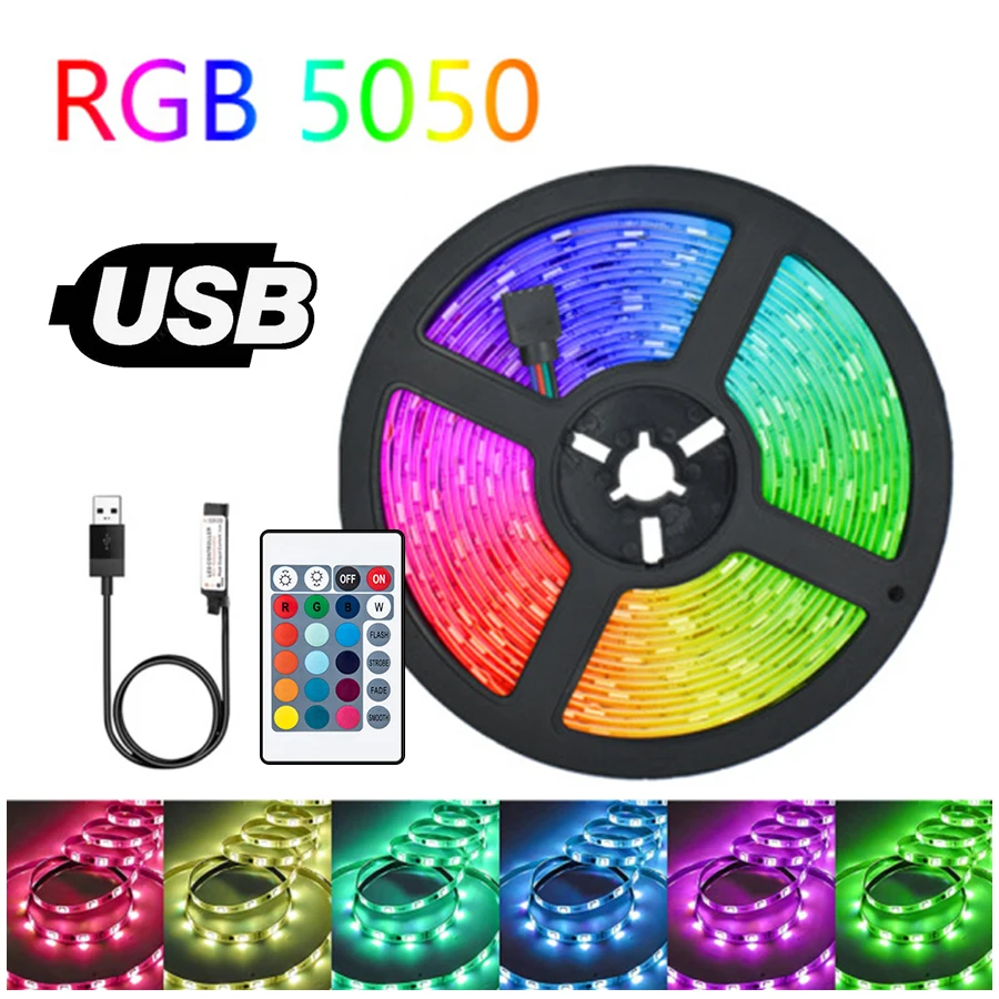 5M 5V USB 5050 RGB LED Strip Lights with 24 Key IR Remote for Gaming Room Bedroom Home Party Decor TV Backlight RGB LED Tape