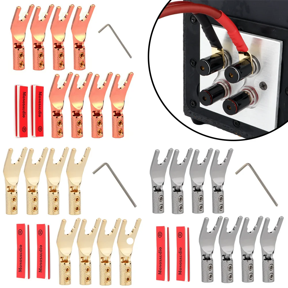 

8pcs Y Spade Connector Set w/Wrench - Pure Copper Rhodium & Gold Plated Fork Speaker Plug Kit for HiFi Audio