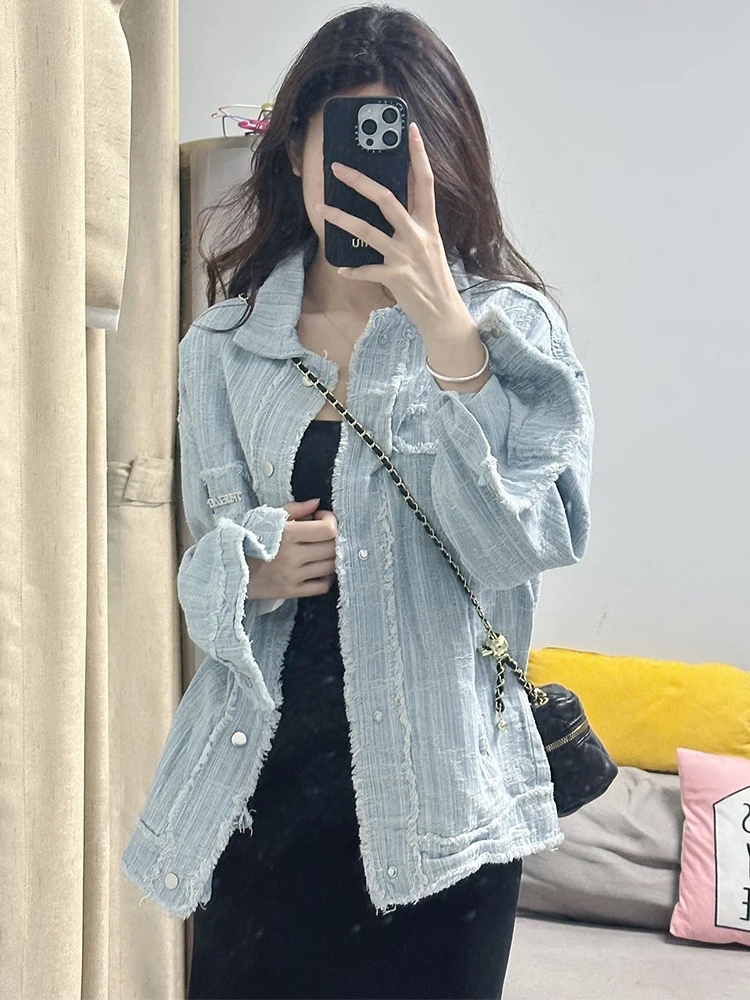 

Джинсовая куртка KING BRAND в американском стиле для женщин, осенне-зимняя, с отложным воротником, уличная мода, верхняя одежда с рваным краем