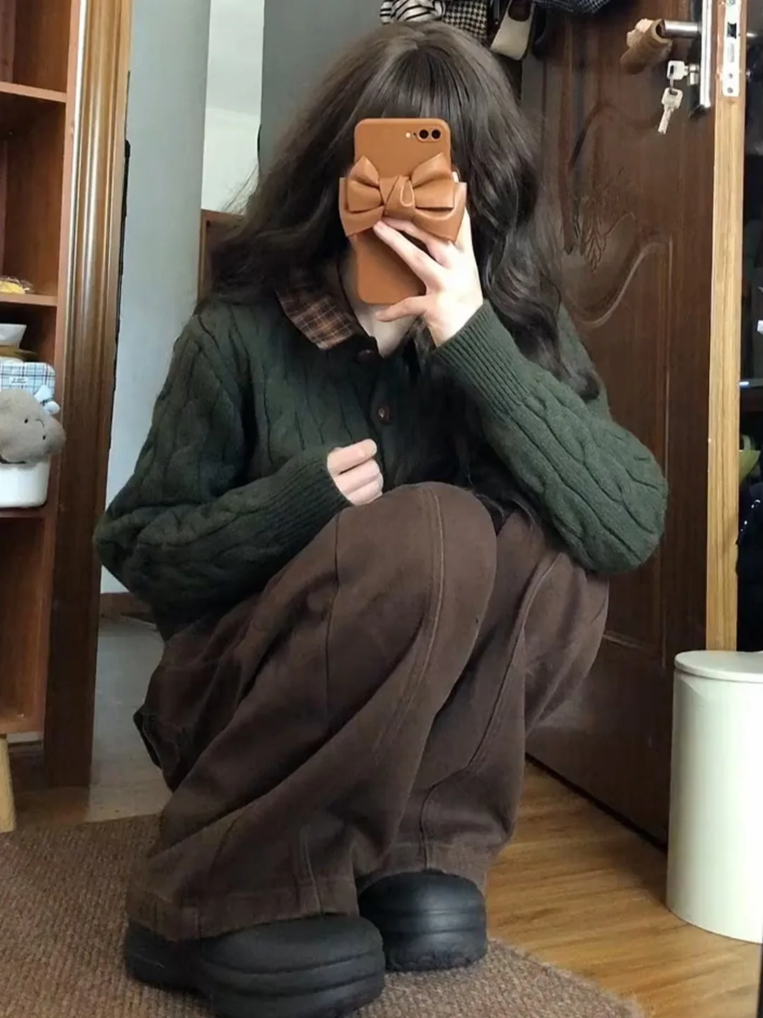 

Корейский вязаный свитер в клетку Olive een, женское зимнее новое модное пальто из двух предметов с отложным воротником