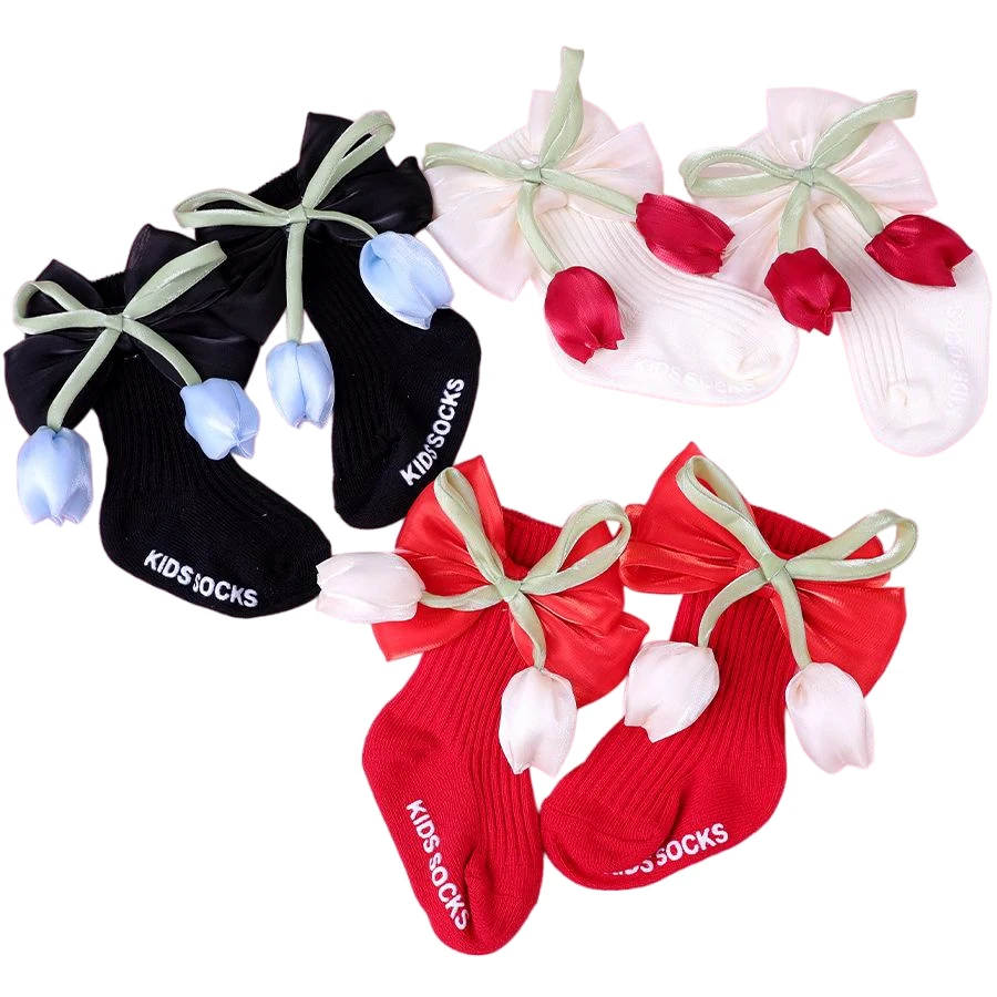 

0-1Y Kids Socks Infant Girls Bowknot Cute 3D Floral Pattern Mid Socks for Baby Anti-Slip Floor Socks Princess Baby Girls Socken