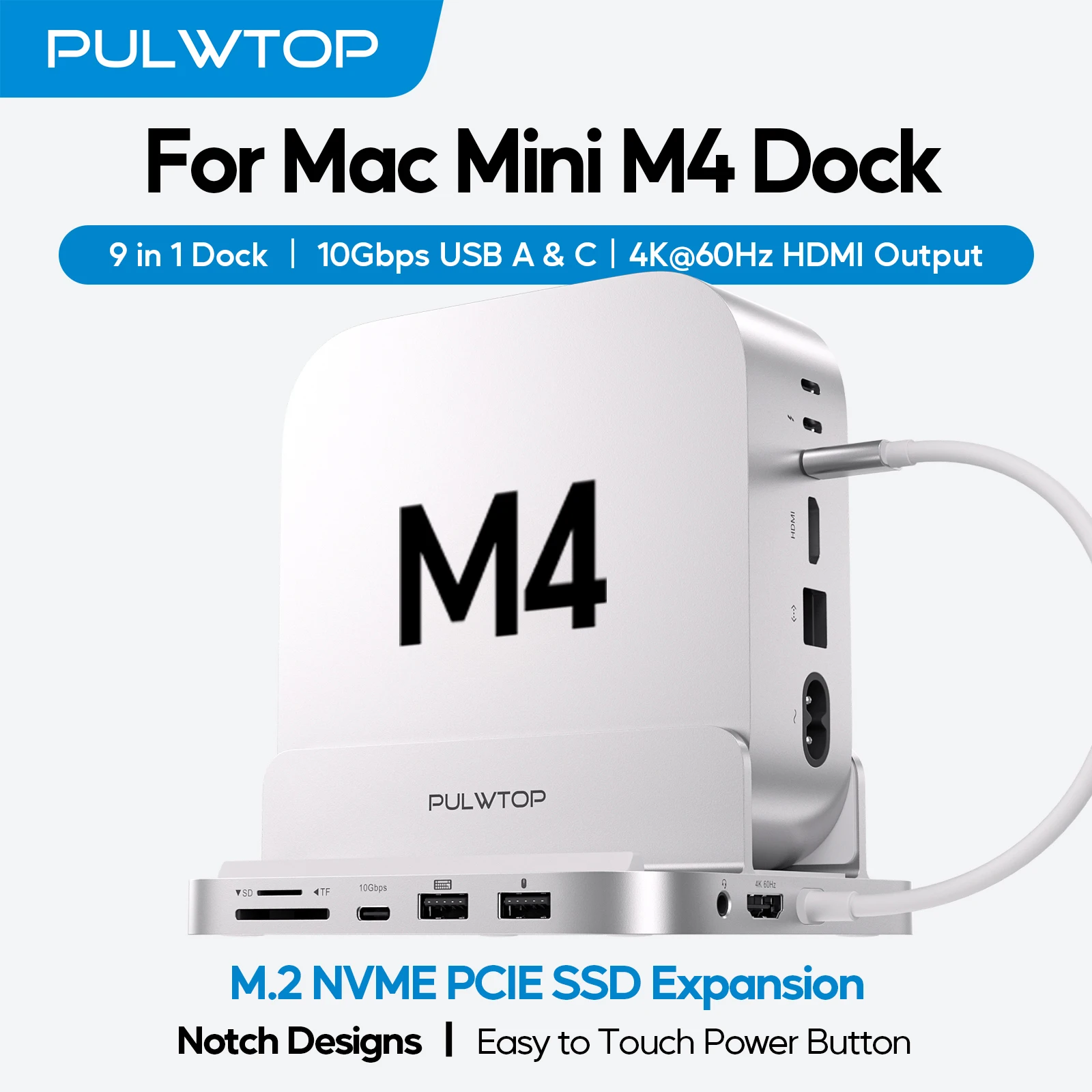 PULWTOP Mac Mini M4 Dock with 4TB M.2 SSD Enclosure & HD4K, USB-A/C 10Gbps, SD/TF for Mac Mini M6, M5 Pro, M4/M4 Pro